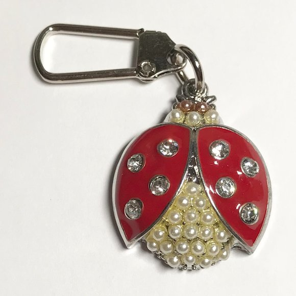 Red Ladybug Keychain Zipper Pull Purse Charm Backpack Pearl Crystal Enamel - Picture 5 of 8